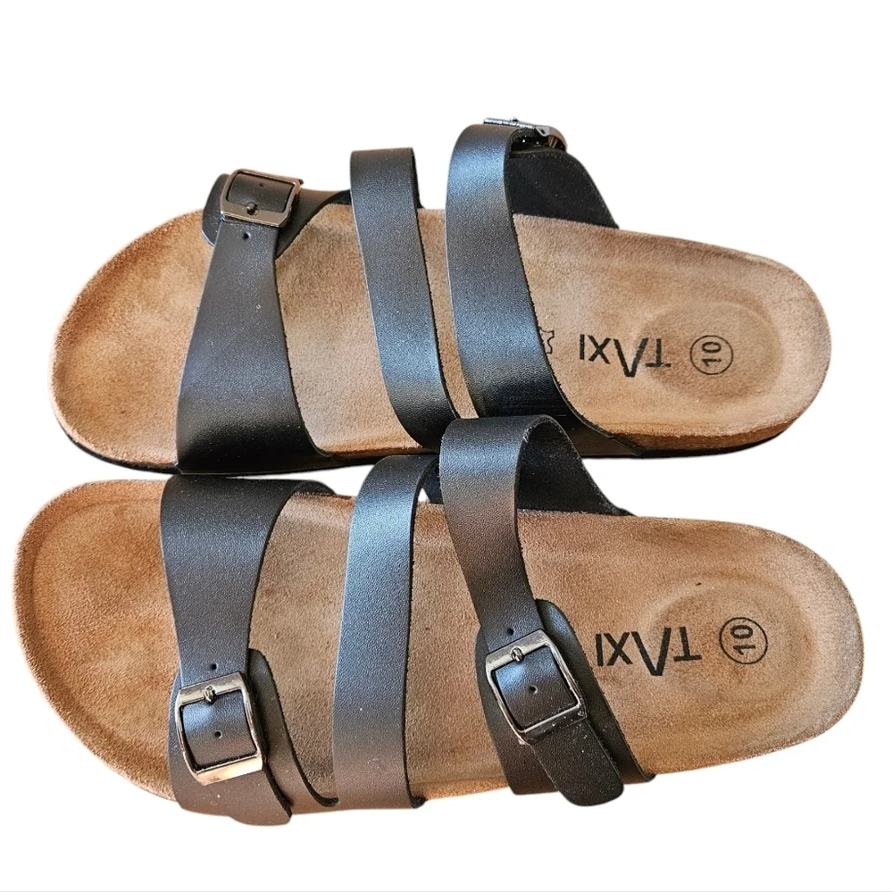 Taxi Women's Leonora Leather Buckle Strappy Black Casual Sandals Slip-on Size 10 - Picture 8 of 10